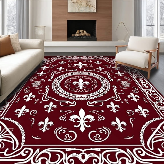 ODIKA 4'x6' Machine Washable Non-Slip Area Rug, Fleur de Medallion Hand Hooked Traditional High Traffic Rug, Red, 236890