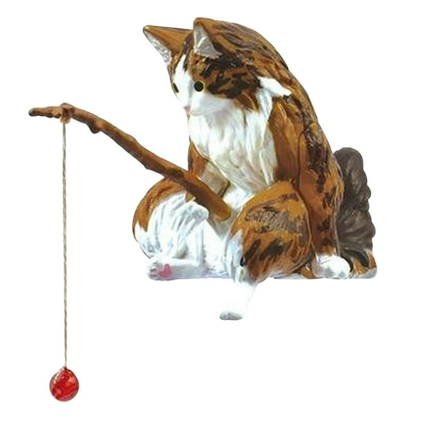 Wooden Cat Fishing Statue for Aquarium and Home Decor