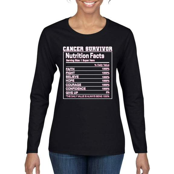 Wild Bobby Breast Cancer Survivor Nutrition Facts Breast Cancer Awareness Front and Back Women Long Sleeve Tee, Black, Small