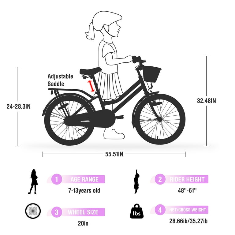 20 inch Girls Bike with Basket Rear Rack Kids Bicycle for 7 13 Years with Caliper Brake Coaster Brake High Carbon Steel Frame Fenders Multiple Colors Walmart