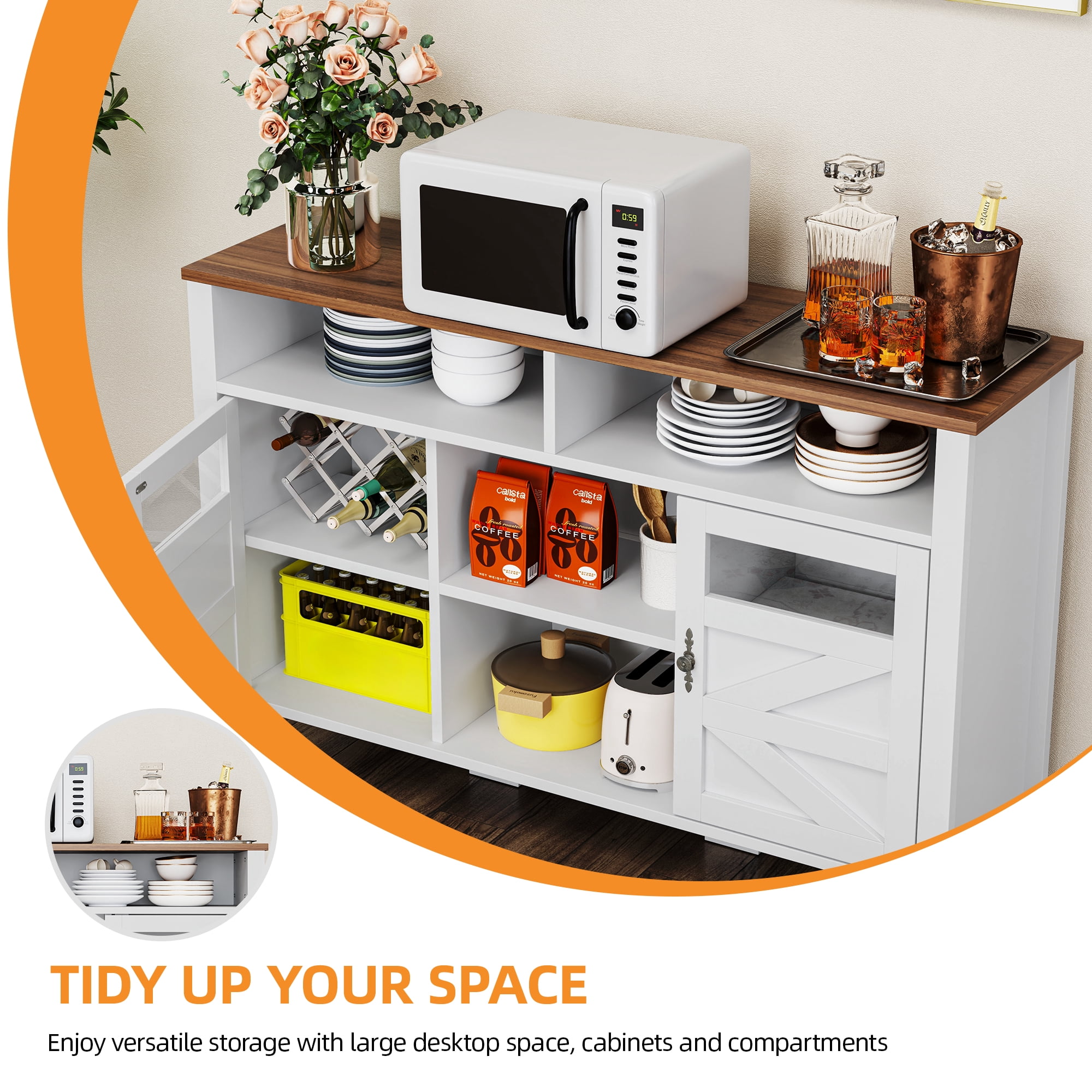 Uforic Farmhouse Coffee Bar Cabinet with Storage & Built-In Power Strip - White & Walnut Buffet Sideboard, 5-Drawer Liquor Bar for Kitchen, Dining Room, Bedroom