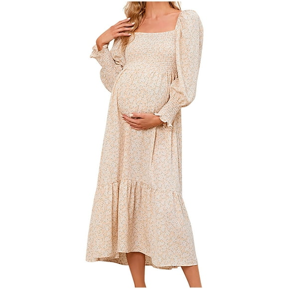 Pisexur Women's Maternity Dress Boho Floral Print Square Neck Flounce Sleeve A Line Long Dress Pregnant Ruffle Hem Elegant Long Sleeve Maxi Dress