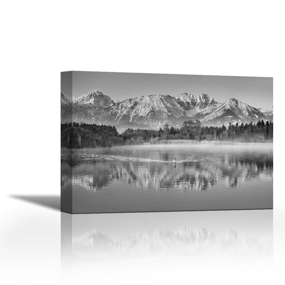 Allgaeu Alps and Hopfensee lake, Bavaria, Germany (BW) - Contemporary Fine Art Giclee on Canvas Gallery Wrap - wall décor - Art painting - 36 x 25 Inch - Ready to Hang