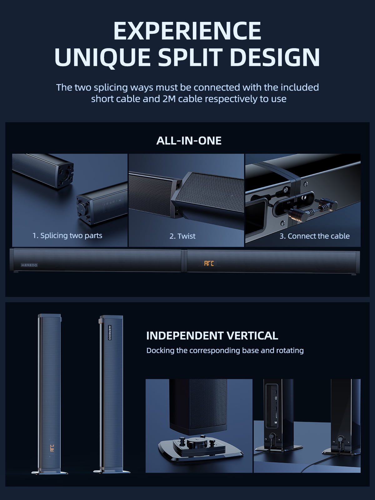 180W Separable Sound Bar with Subwoofer, 2.1CH Meredo Detachable Soundbar for TV/PC, 5 EQ Modes Treble & Bass Adjust, HDMI ARC/Optical/Bluetooth 5.4/Aux--32 inch