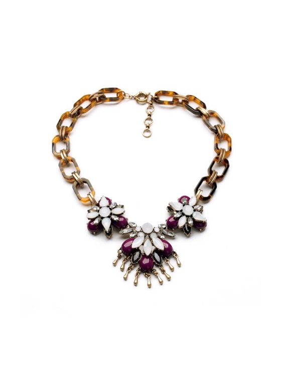 Faux Tortoise Shell Chain Link Crystal Statement Necklace