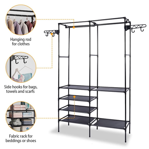NNYYS Heavy Duty Clothes Rack Wardrobe Hanger Garment Storage Portable Clothes Rack, Iron Frame, Black, Easy Assembly, 6 Shelves, Hooks on Both Sides
