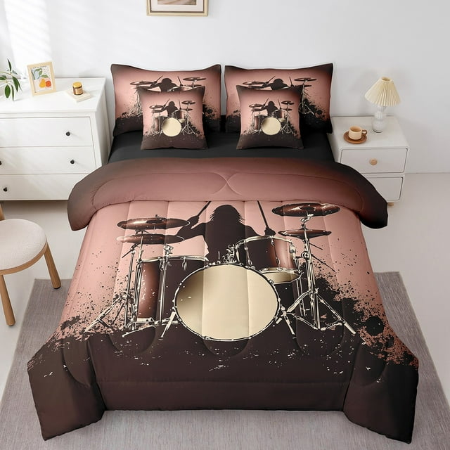 Drum Kit Bed in a Bag King Size Comforter Set 7 Pieces,Musical Instruments Bedding Sets Modern Rock Sheet Set with Comforter,Pop Music Hip Hop Hipster Bed Set