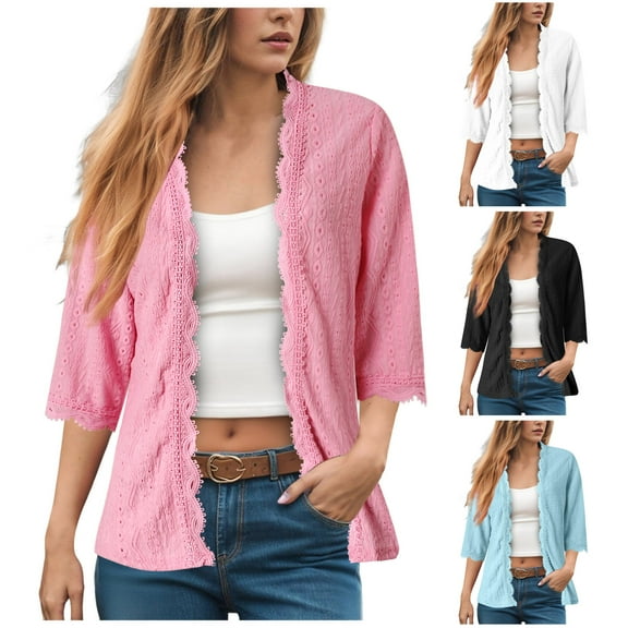 idosla Crochet Lace Cardigan for Women Lightweight 3/4 Sleeve Fall Open Front Shrug Cover Ups Casual Outwear Coats (White, XL)
