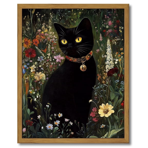 Drsoum Vintage Black Cat in Garden Wall Art Botanical Wildflowers Floral Oil Painting Canvas Print Flowers Halloween Dark Gothic Bedroom Cottagecore Bathroom Decor 8x10in Brown Framed