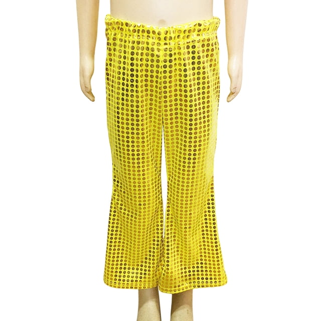 Children Bell-bottom Pants Children Performance Pants Glossy Reflective Sequined Splicing Elastic Waist Bell-bottomed Pants Wide Leg Flared Trousers
