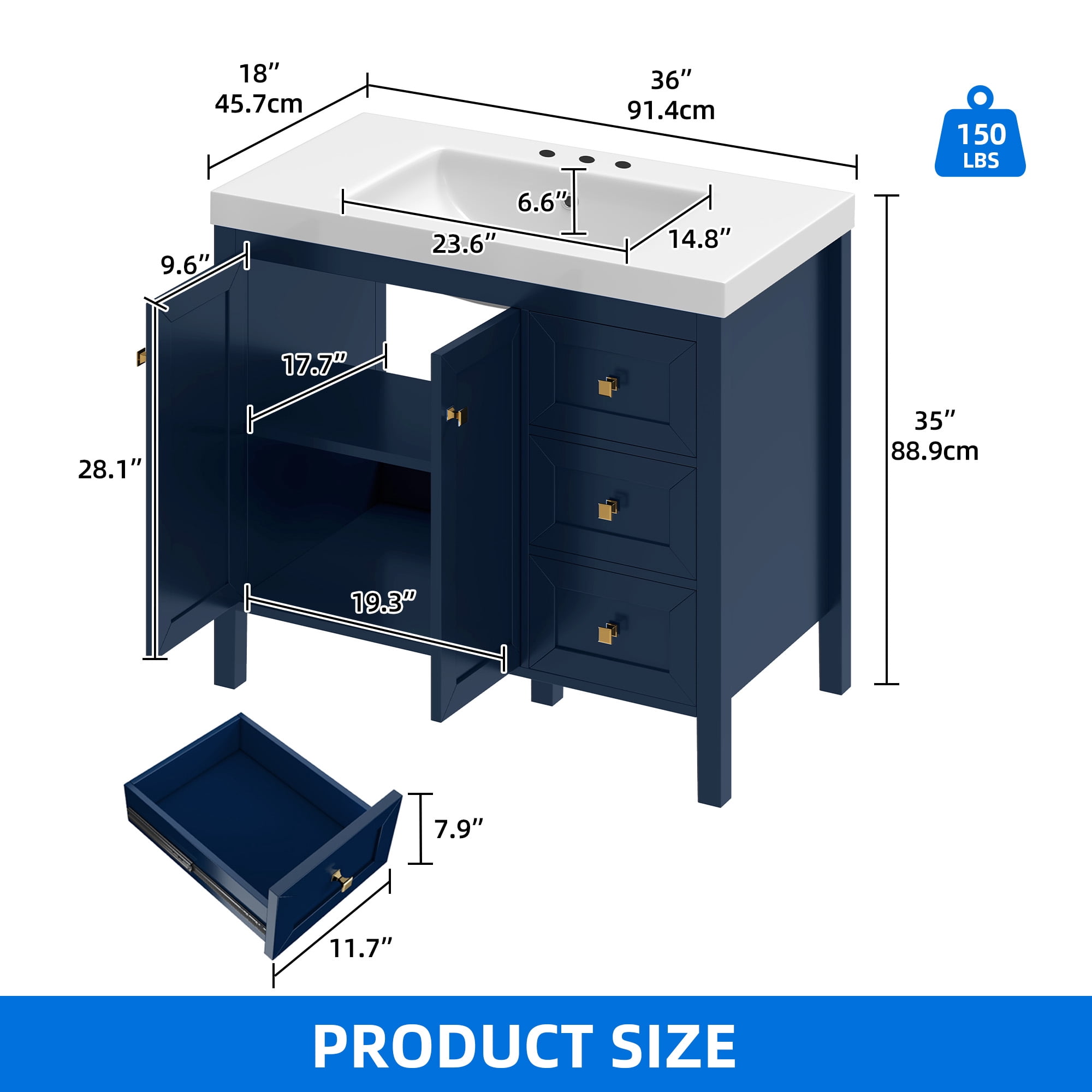 Dextrus 36'' Modern Bathroom Vanity with Sink Combo, Freestanding Bathroom Storage Cabinet with Drawers & Doors, Blue