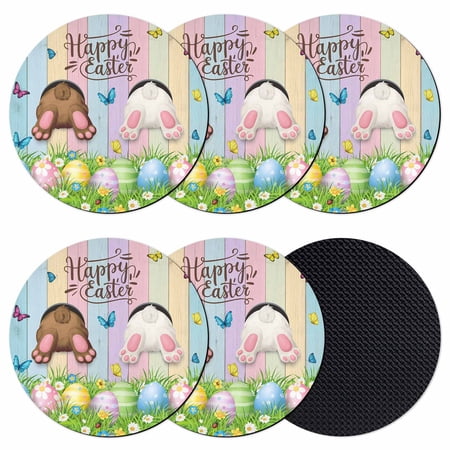 Easter Coasters Set of 6 Absorbent Coasters for Drinks Spring Easter Eggs Bunny Colorful Wooden Grain Coaster for Desk Coffee Table Protection Home Decor House Warming Gifts 4