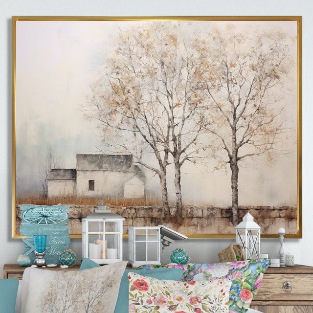 Designart Large Tree Gold framed wall art, Rustic Farmhouse Tree Scenery , Trees framed wall art decor, Brown Gold framed wall art, 32x16 inches Gold Frame