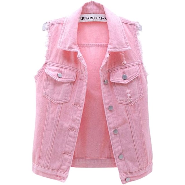 Chaleco de mezclilla desgastado sin mangas para mujer, color caramelo Rosado G Rosado G Xishao ropa