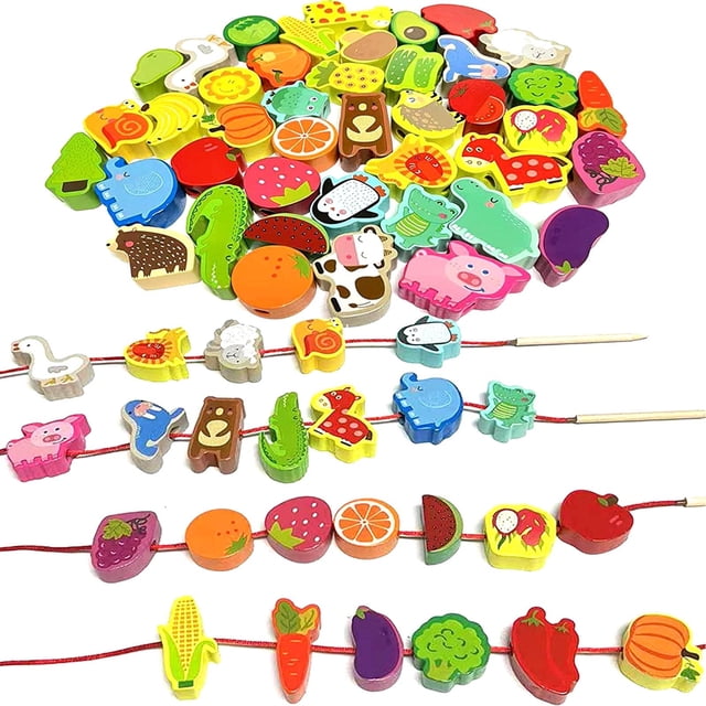 Intsinzi 46 Piezas Montessori Cuentas de Cordones de Madera Juguetes para niños pequeños Animales de Encordado Educativos Frutas Granja Enhebrar Cuentas Juguetes de Aprendizaje Preescolar para niños 3