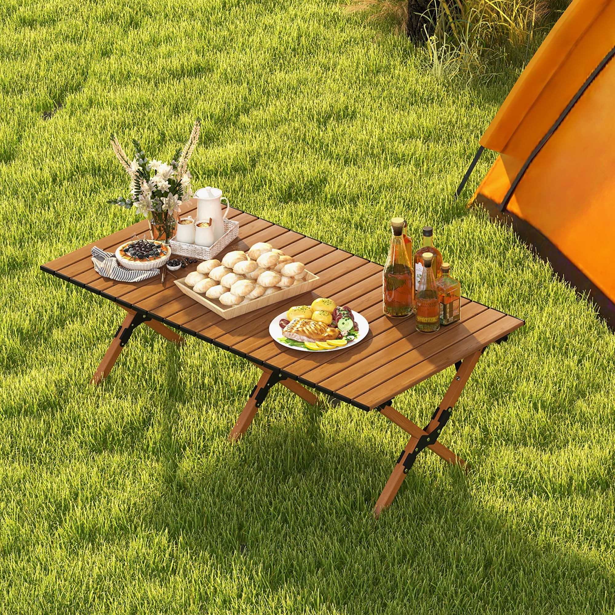 Costway Folding Aluminum Camping Table with Carry Bag Roll Up Picnic Table with Wood Grain