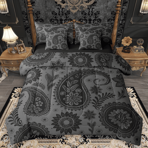 Manfei Bohemian Paisley Twin Bedding Sets 7pcs, Hippie Mandala Bedding Comforter Set, Black Gray Sheet Sets, Luxury Bedroom Decor