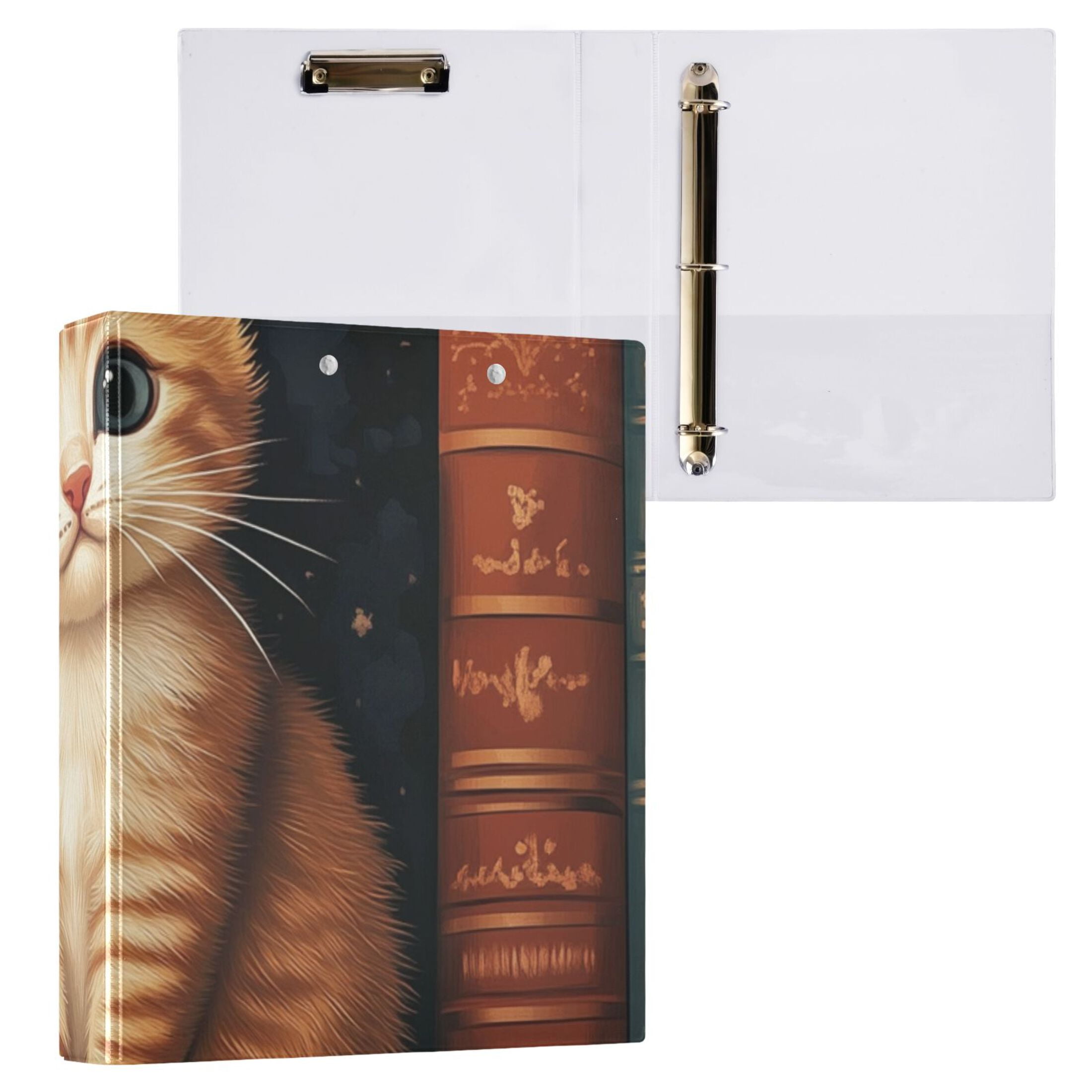 Cute Cat and Books 3 Ring Binders 1.5 inch Hardcover File Folders with Interior Pockets A4 Size Organizer for School Office Hospital