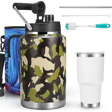 

128 oz insulated water bottle 1 gallon stainless steel double wall vacuum water jug with 1 cup 30 oz (includes brush/puller)/pitcher backpack sports travel gaming home use school-Camouflage