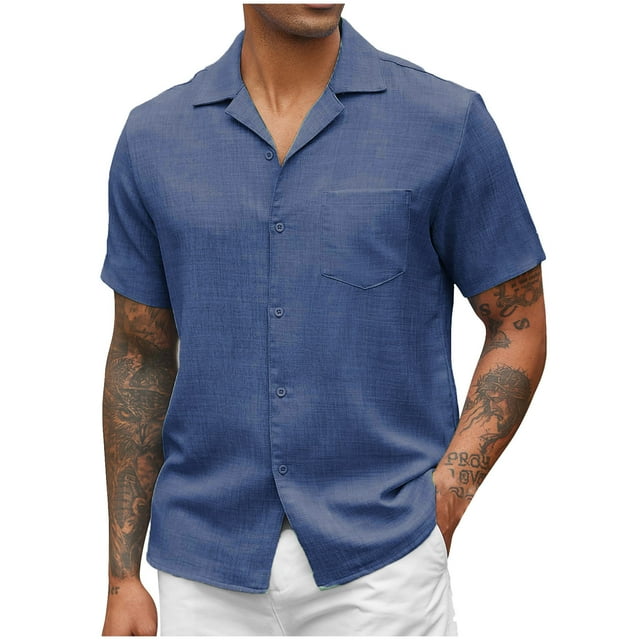 Playera Elvqul Hombre Mayor Liso Abotonada Solapa Lino Azul Oscuro Manga Corta