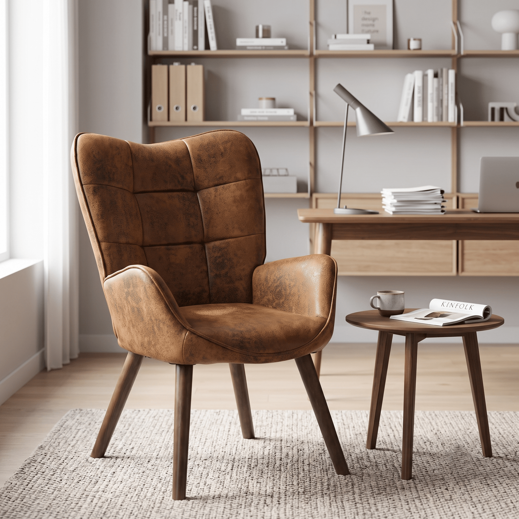 Homy Casa Brown Accent Chair, Faux Leather Wingback Armchair with Wood Legs for Lounge