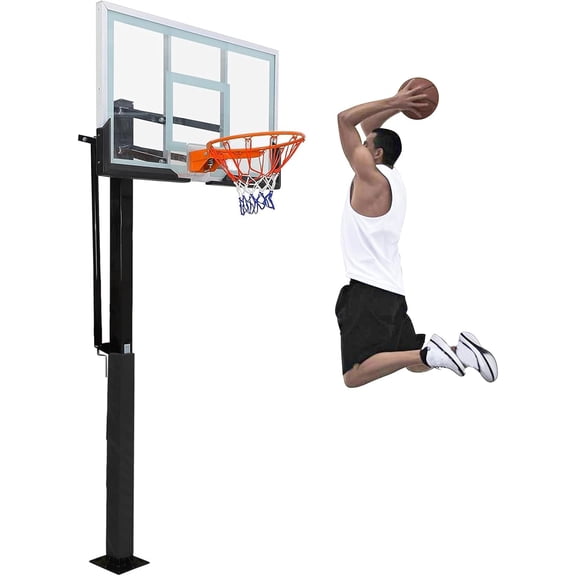 In Ground Basketball Hoop System - 55 Inch Tempered Glass Backboard - Adjustable 8 to 10 FT Height for Driveway Backyard and Court