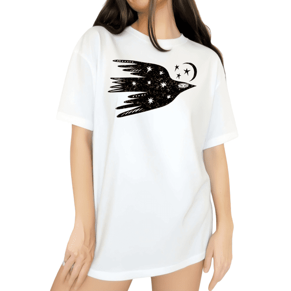 Cozymy Womens Celestial Bird Moon Star Graphic Short Sleeve Crewneck T-Shirt S-5XL White Tops