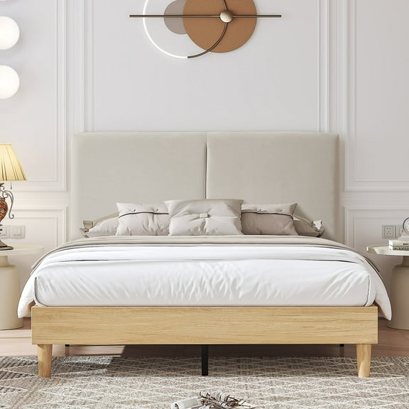 VECELO Queen Size Bed Frame with Upholstered Linen Fabric Adjustable Headboard, Strong Wood Slats Supports, No Box Spring Needed, Beige
