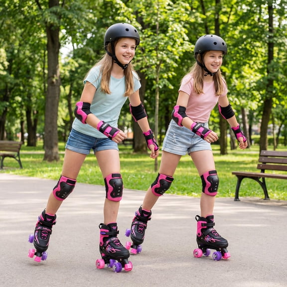 Kids Roller Skates for Girls and Boys, 4 Sizes Adjustable Quad Skates with Illuminating Light-up Wheels, Pink