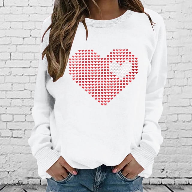 Qertyioot Chandail en Molleton de la Saint-Valentin pour Femmes, Hiver Col Rond Manches Longues Hauts Blouse Imprimée Régulière