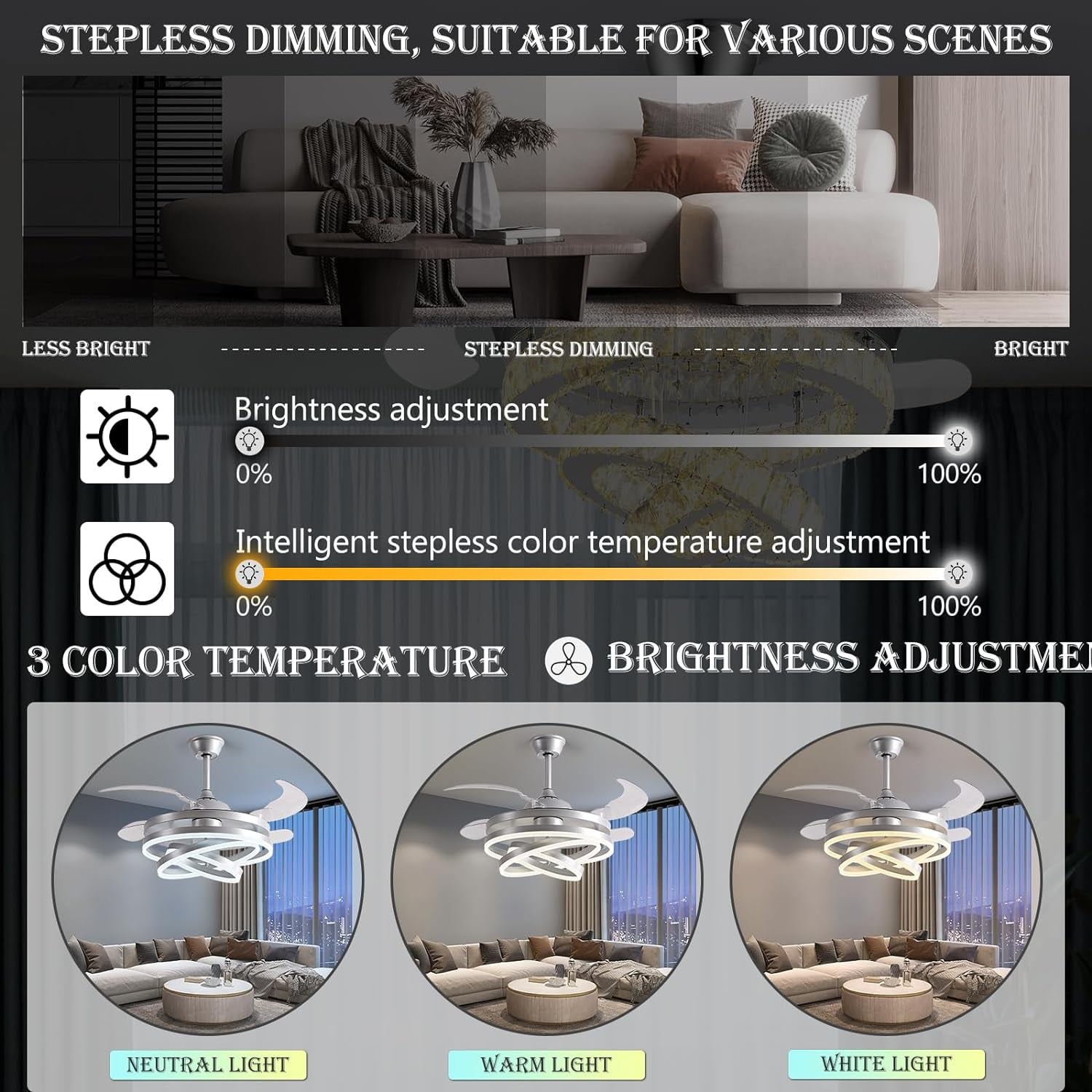 Datingday 42" LED Invisible Ceiling Fan Chandelier,Modern DIY Ceiling Fan Light Remote Control 4 Retractable ABS Blades for Bedroom Living Dining Room Decoration (Silver)