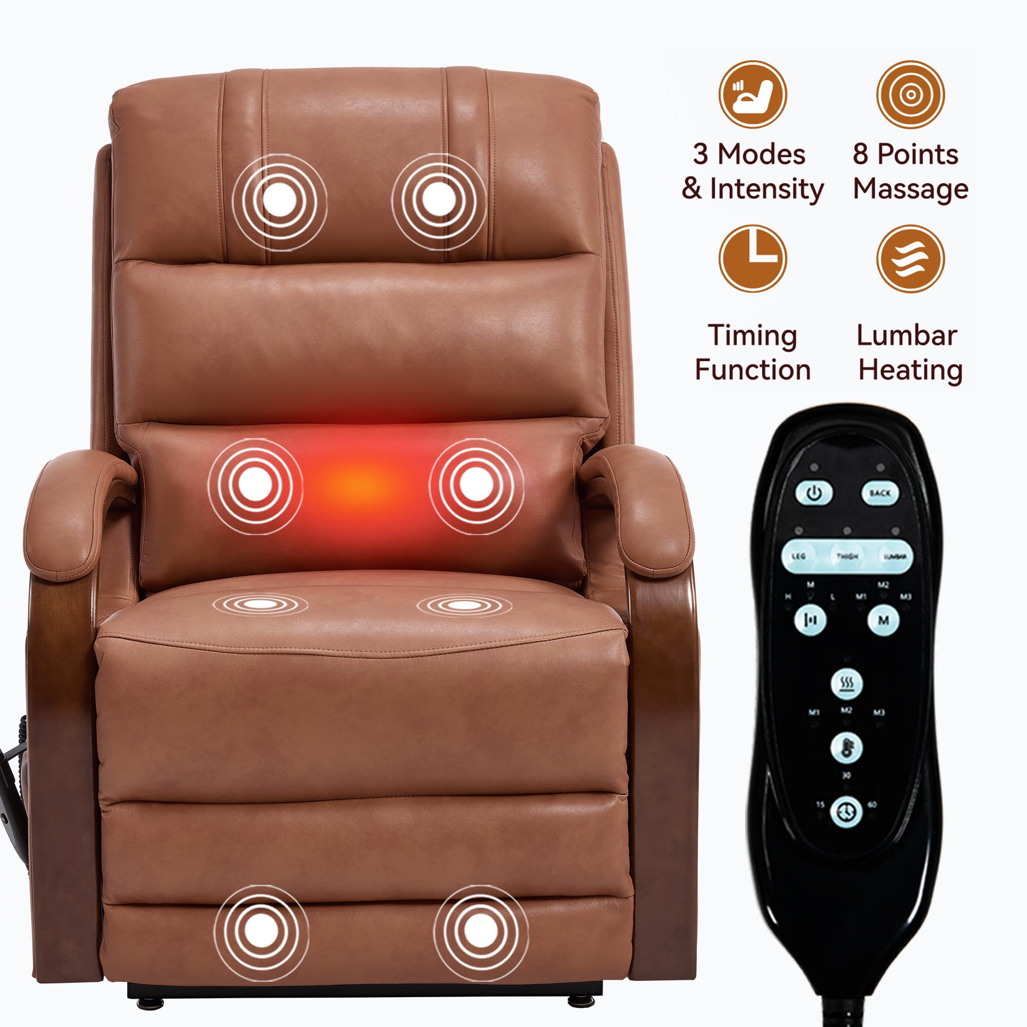 Gewnee Power Lift Recliner Chair with Heat and Massage,Lay Flat Assist Recliner with Side Pocket & Solid Wood Armrest,Lift Chair for Living Room.Orange PU