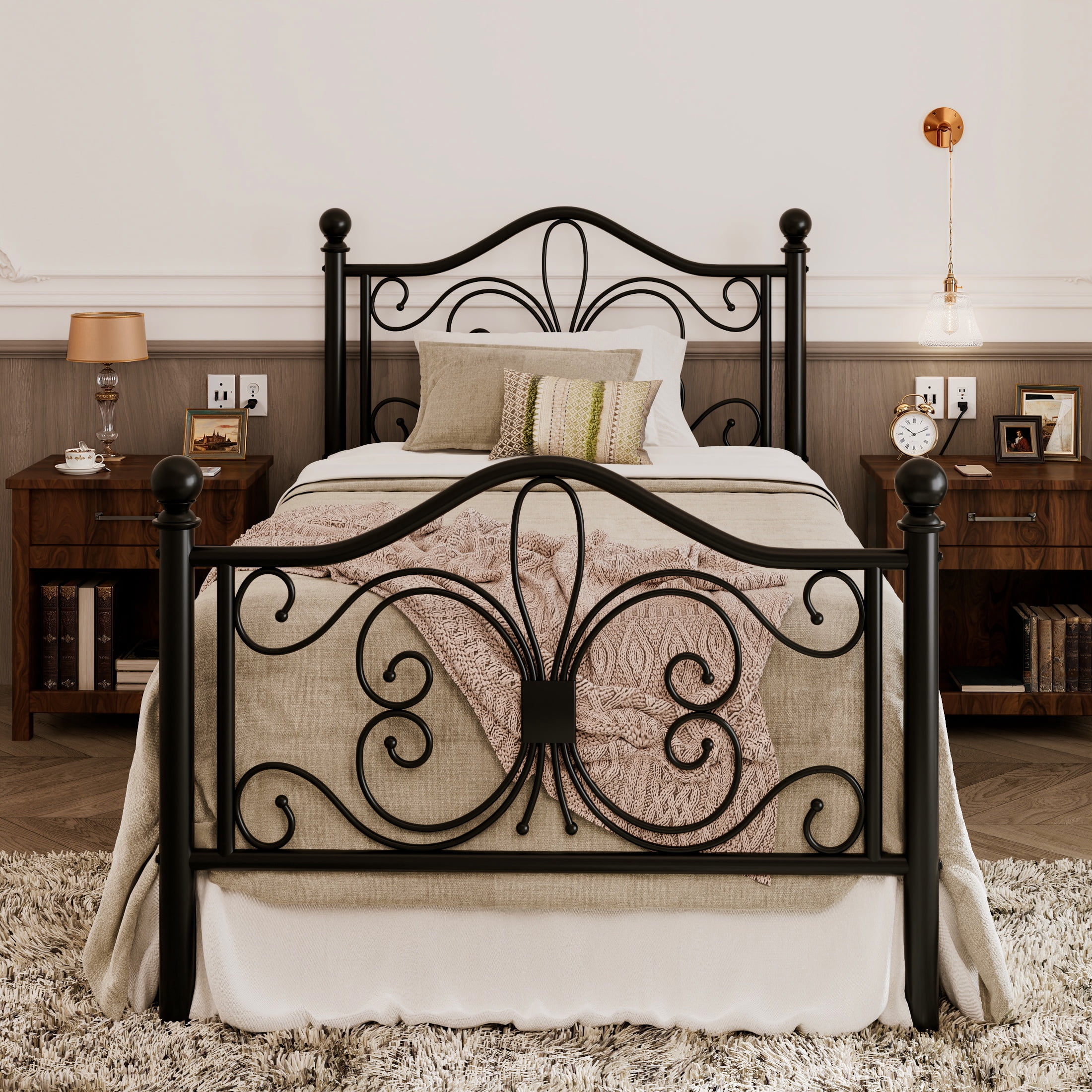 Allewie Twin Size Vintage Metal Bed Frame with Butterfly Pattern Design Headboard & Footboard, Black