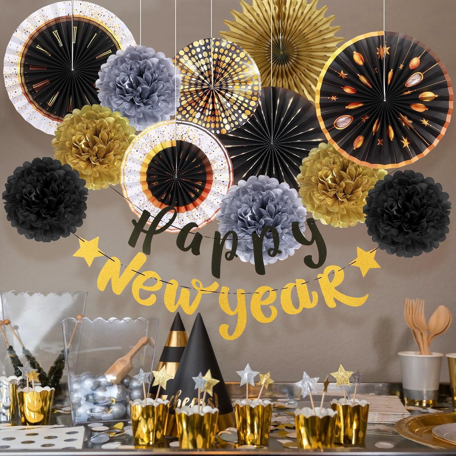 New Years Eve Party Supplies 2026, Happy New Year Decorations Black Gold Hanging Paper Fans Tissue Pom Poms Happy New Year Banner for 2026 New Year Party Favor Supplies Decorations