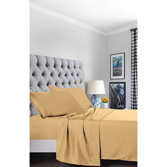6 Piece Bed Sheets ,Flat Sheet,Fitted and Pillowcase 1800 Series Bed Sheet set-Full Gold