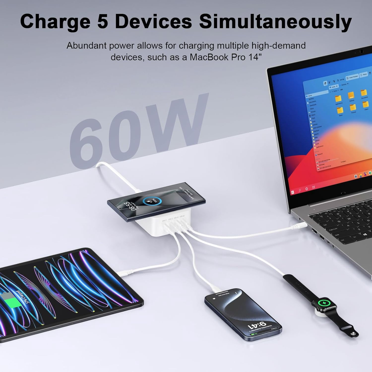 60W Charger Block,Fast Wireless Charger for iPhone 16/16 Pro/16 Pro Max/16 Plus/15/14/13/12,Samsung Galaxy S24/A15 5G/A35/A55/A25,Motorola Razr 2024,Edge 2024,G Stylus,4-Port USB C Charging Station