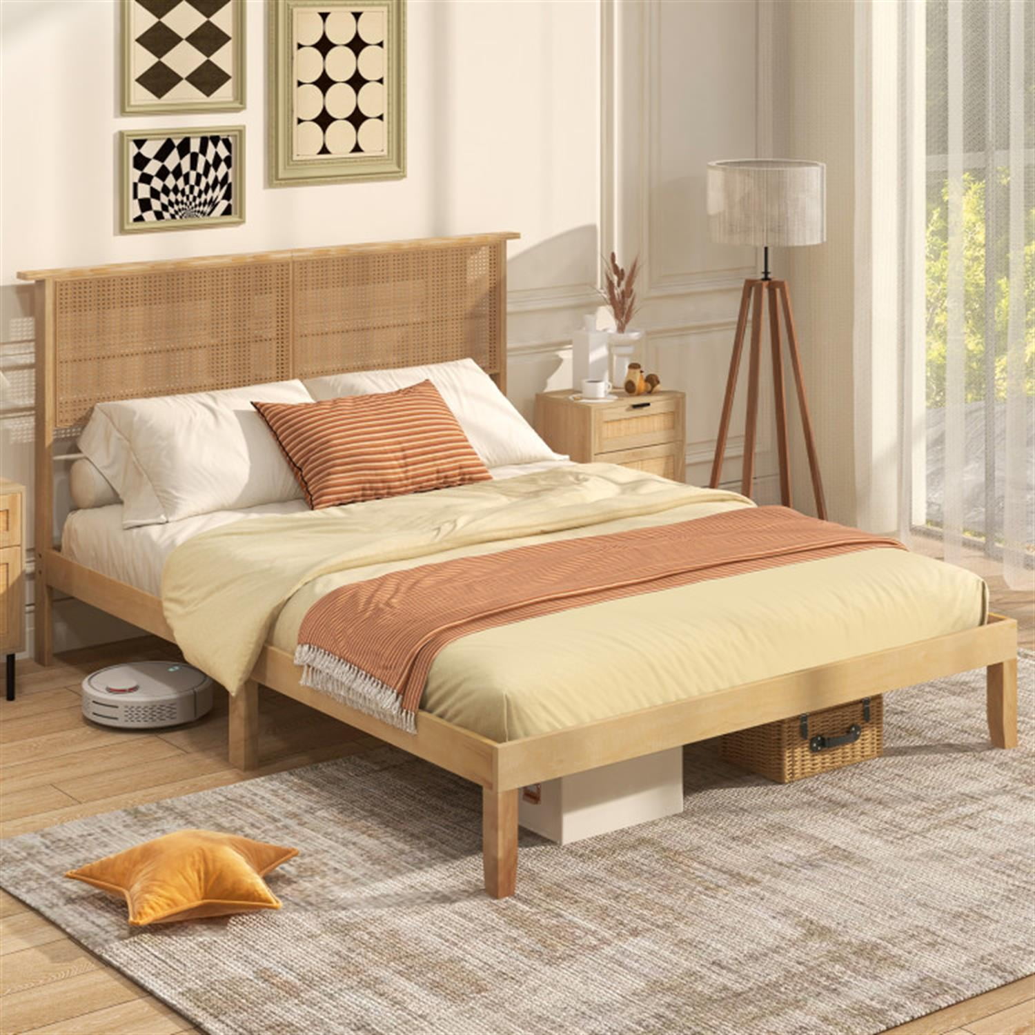 Demi Bonn Queen Size Bed Frame with Rattan Headboard, Platform Bed Frame with 12 Strong Wood Slat Support, No Box Spring Needed, Beige