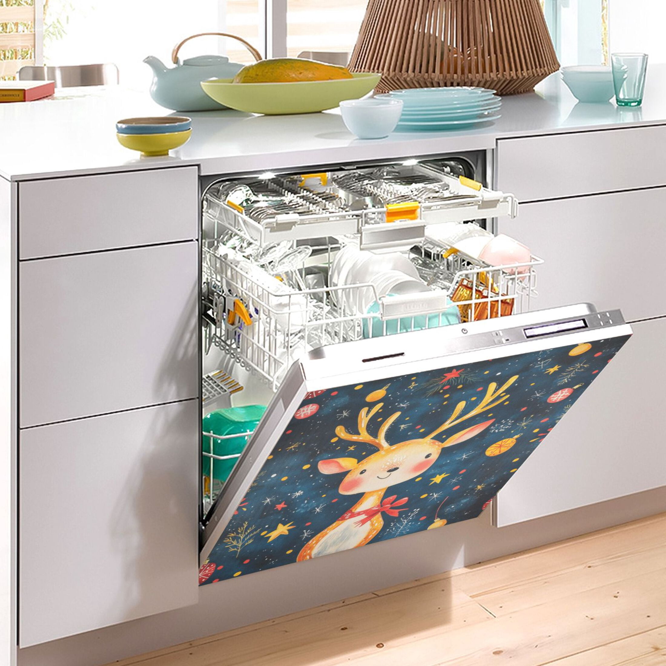 Dishwasher Magnetic Sticker 23x26 Inch Refrigerator Magnetic Sticker Washing Machine Magnetic Sticker Kitchen Panel Magnetic Sticker Home Decor Cute Smiling Christmas Deer