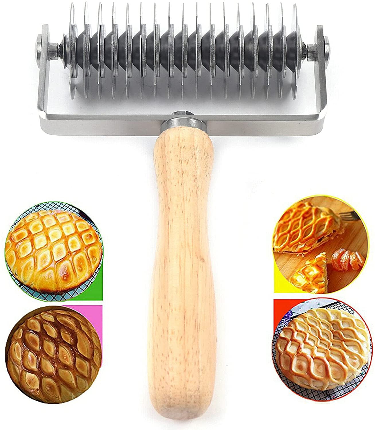 Miumaeov Stainless Steel Roller Cutter with Wooden Handle Dough Lattice