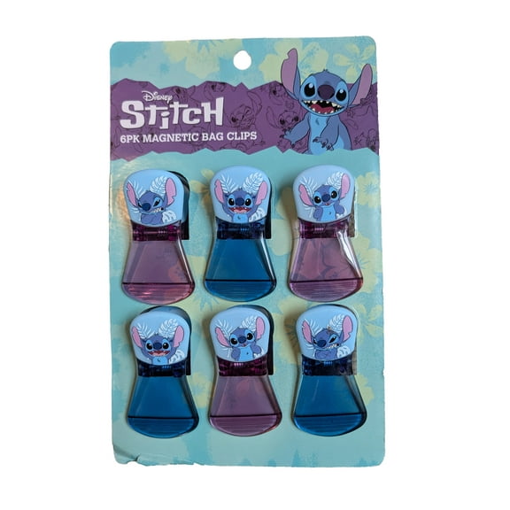 Disney Stitch 6 Pack Magnetic Bag Chip Clips Blue Purple Hawaiian Leaves