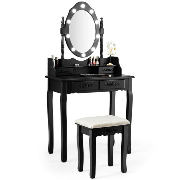 Gymax Makeup Vanity Dressing Table Set w/10 Dimmable Bulbs Cushioned Stool Black