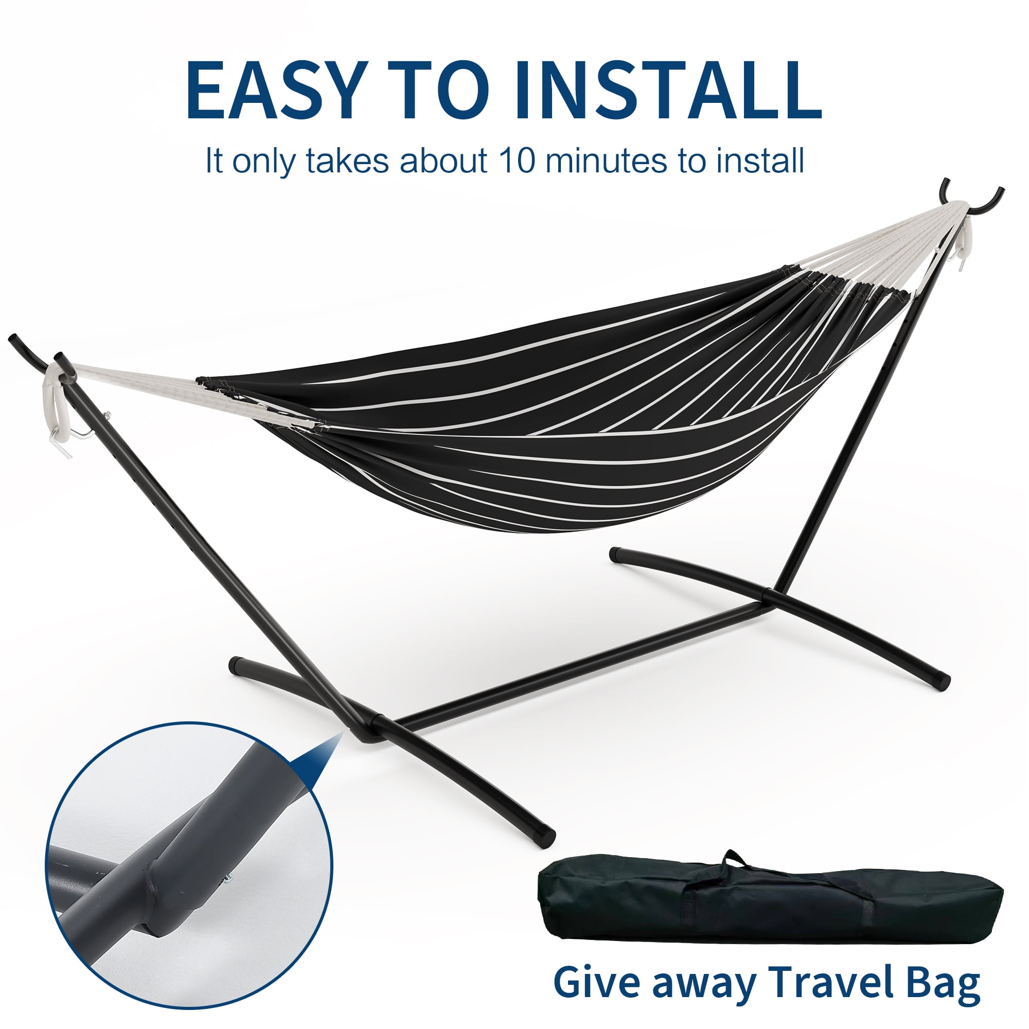 Double 2 Person Hammock, Indoor Outdoor Standing Hammock with Space Saving Steel Stand, Carry Bag, 450Lbs Weight Capacity, Suitable for Garden Camping Beach, Onyx