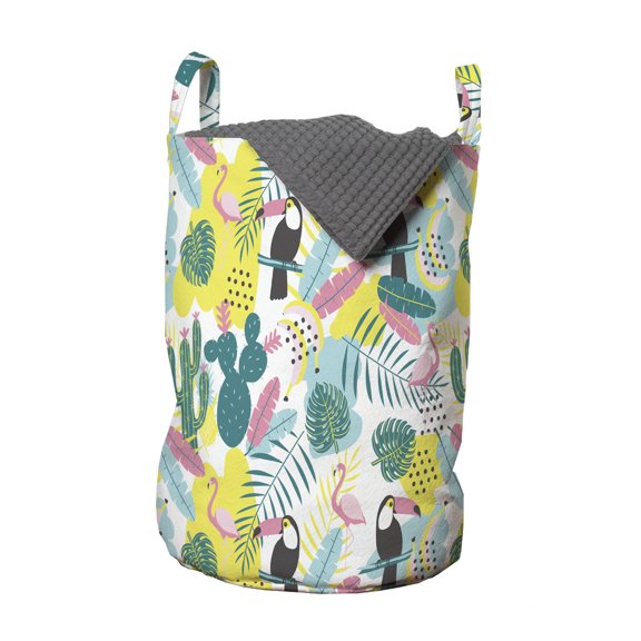 Tropical Laundry Bag, Island Aloha Nature Art Pattern with Toucan Flamingos Cactuses and Exotic Leaves, Basket with Handles Drawstring Closure for Laundromats, 13" x 19", Multicolor, by Ambesonne