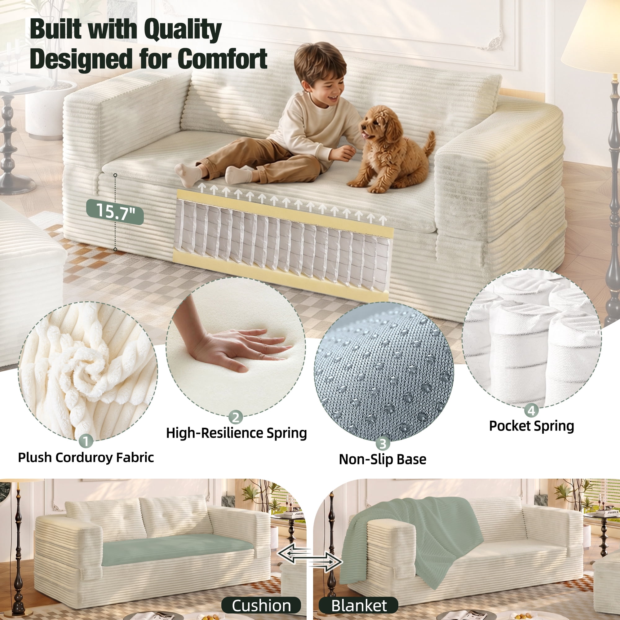 HOQBN 80" King Size Sleeper Sofa Bed, Plush Corduroy Deep Seat Sofa Couch with Independent Chaise and Functional Blanket for Living Room, Bedroom Beige+White