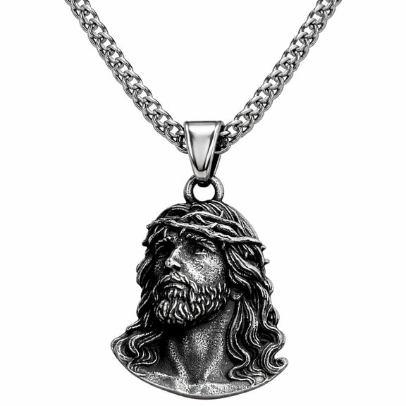 ZMY Home Jesus Pendant 24" Chain Necklace for Men, Stainless Steel Christ Head with Crown of Thorns, Christian Faith Jewelry Gift