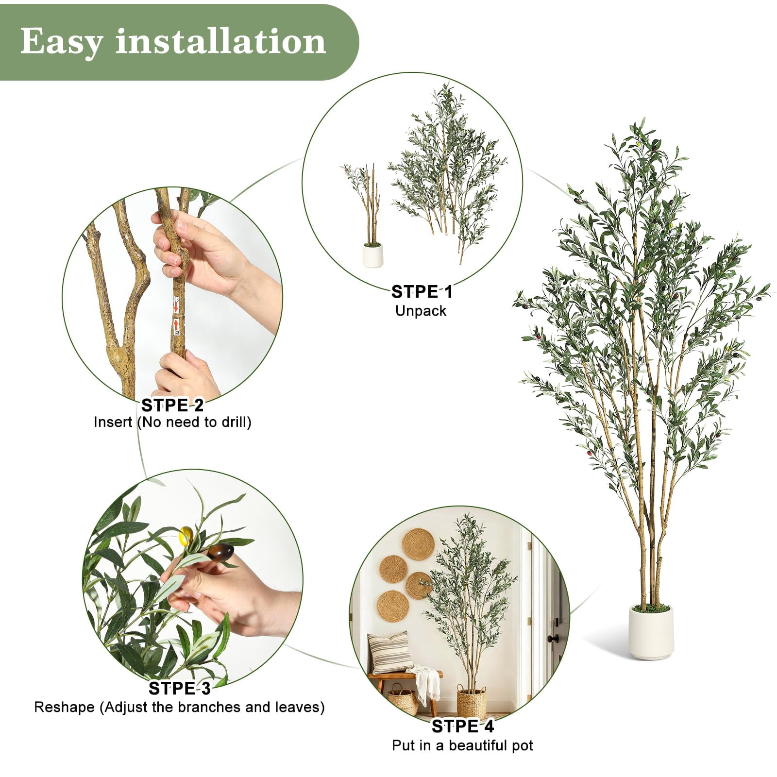 7FT Olive Trees Artificial Indoor, Faux Silk Plant with Natural Wood Trunk and Lifelike Fruits, Black Imitation Ceramic Planter with Green Fake Moss for Modern Home Office Living Room Decor