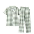 thumbnail image 3 of ITSAME Pajama Sets for Womens, Plaid Long Sleeve Notch Collar Tops Stretch Trousers Casual Cotton Loungewear 2-Piece Green 2XL, 3 of 3