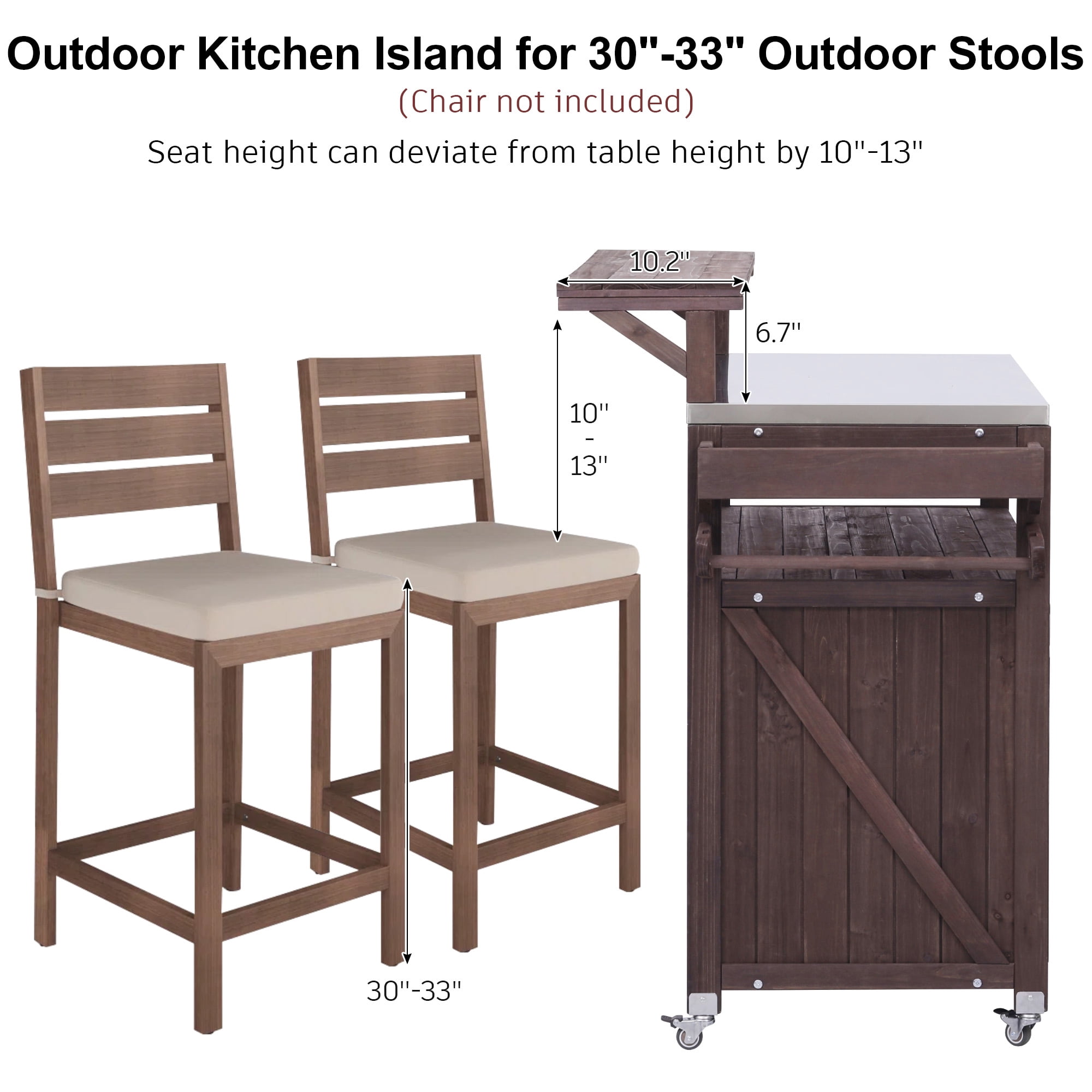BIGWOO Outdoor Kitchen Island with Solid Wood Storage Cabinet with Stainless Steel Top, 53.3” Brown