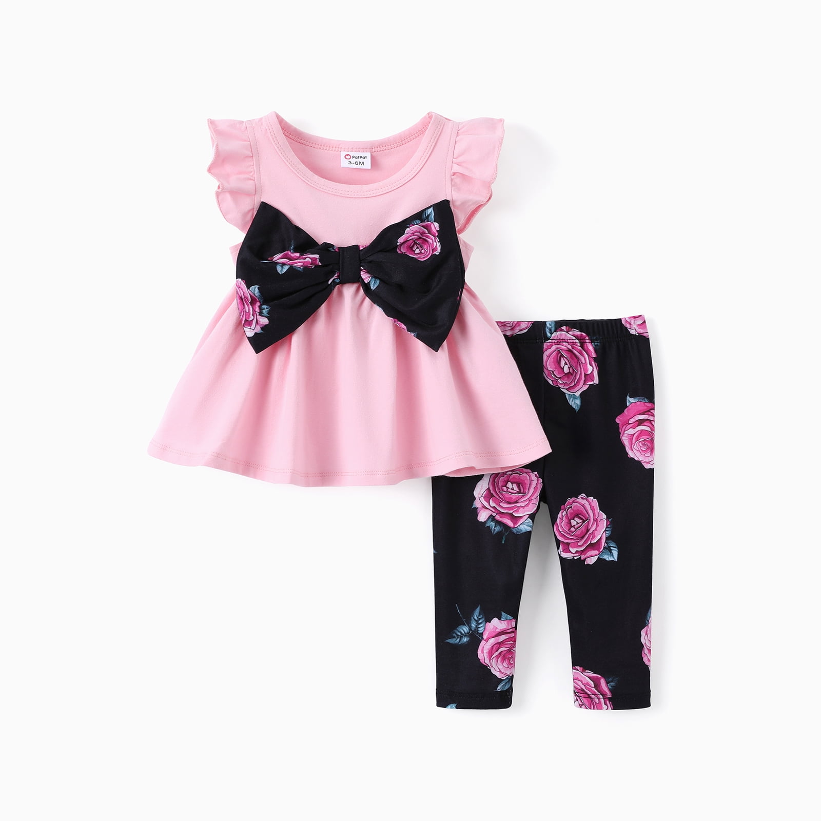 PatPat Summer Girls Clothes 2pcs Baby Girl Outfits Sets Sweet Bowknot Flutter Sleeve Top and Floral Print Leggings Sets Pink 3 6M Walmart