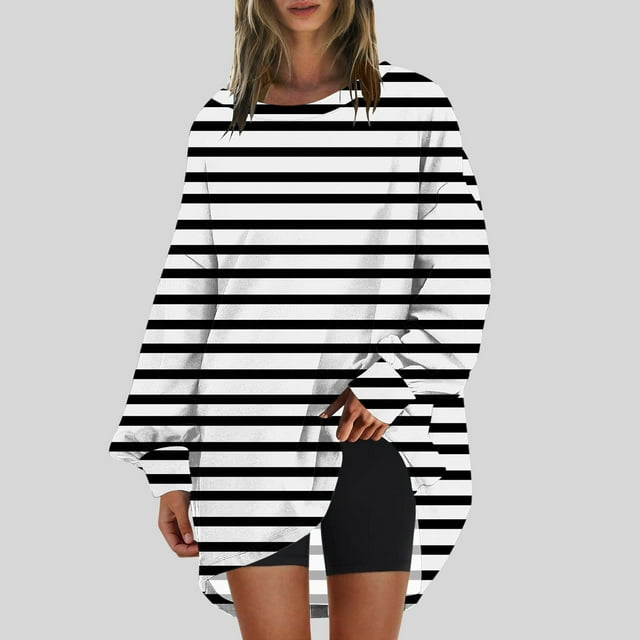RXIRUCGD Chandail en Molleton Oversize pour Femmes, Col Rond, Manches Longues, Tunique Imprimée, Noir, Taille : TG
